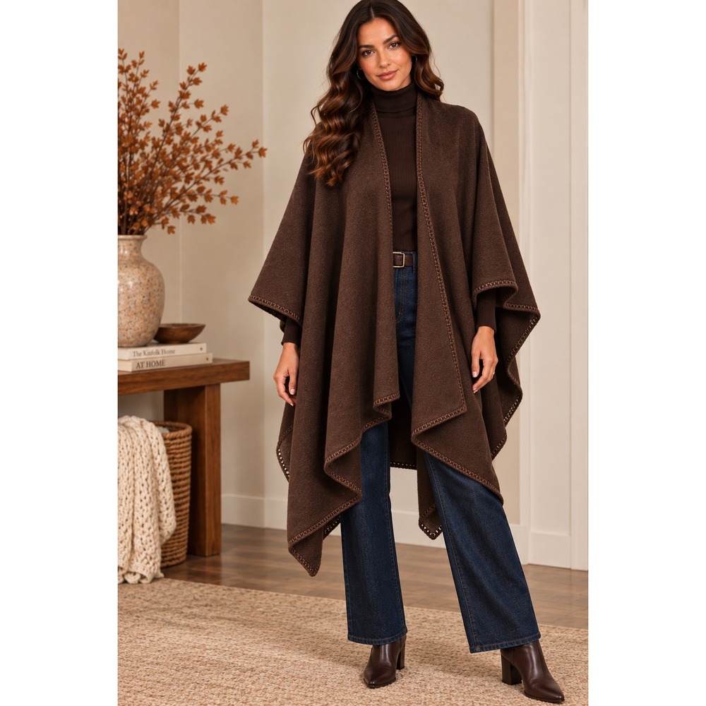 Peruvian Brown Felted Alpaca Blanket Cape Poncho Wrap crochet trim Horn Toggle